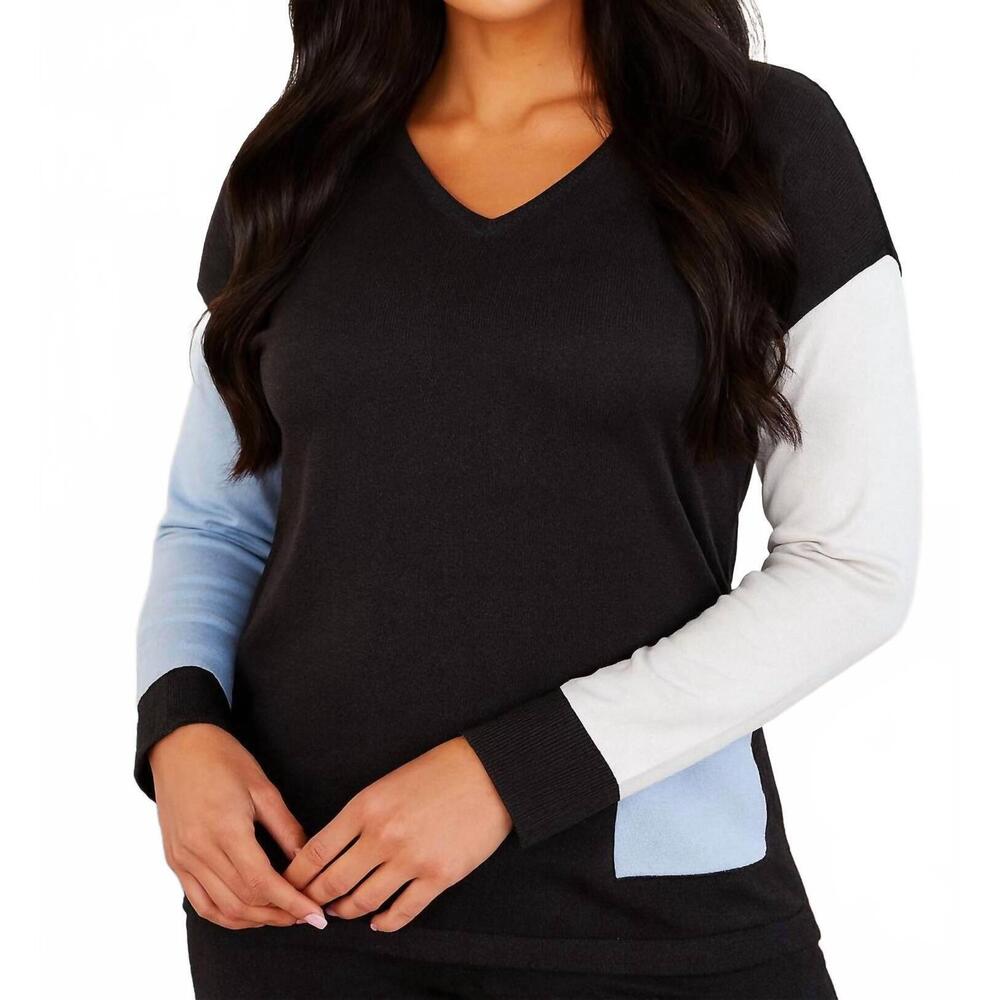 NEW ANGEL APPAREL color block v-neck top with pocket in coal combo